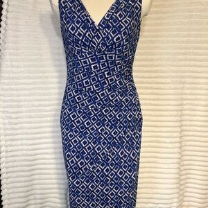 Lauren Ralph Lauren Blue and White V-Neck Bodycon Midi Dress